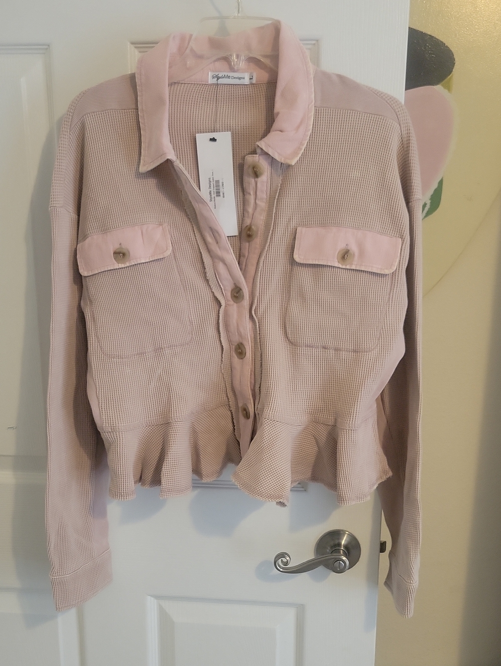 Styleme Designs SzLg Lush Pale Pink Button-Front Waffle Knit Crop Jacket